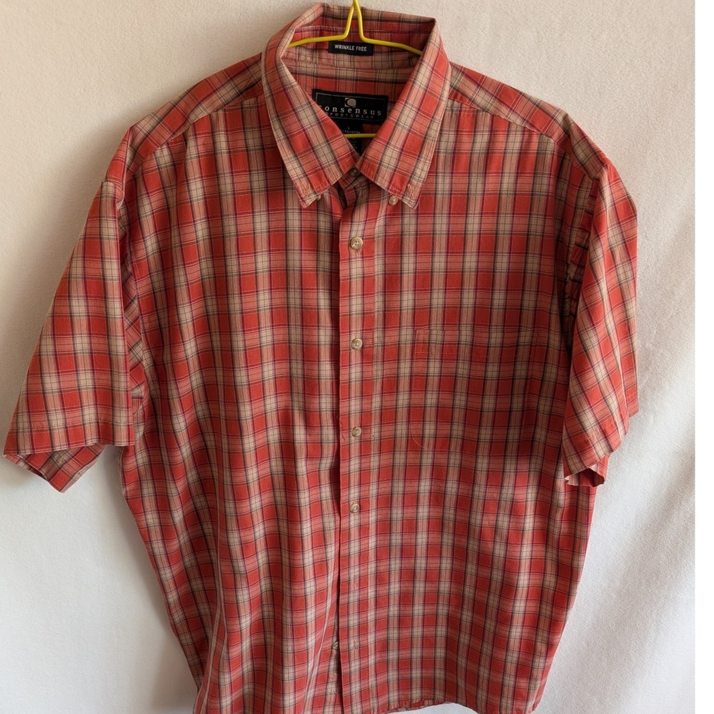 Consensus Sportswear Mens Large Orange Plaid Short Sleeve Button Down Shirt L